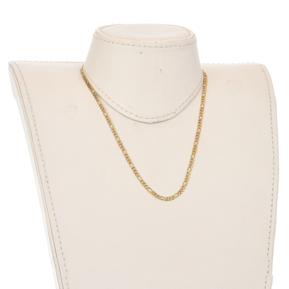 golden Figaro chain necklace displayed on off-white neck form with white background. 