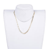 golden mixed chain necklace with both cob leaf and paperclip links and toggle clasp on a white neck form with white background. 