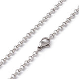 zoomed in sections of stainless steel medium Rolo chain necklace with lobster claw clasp on white background. 