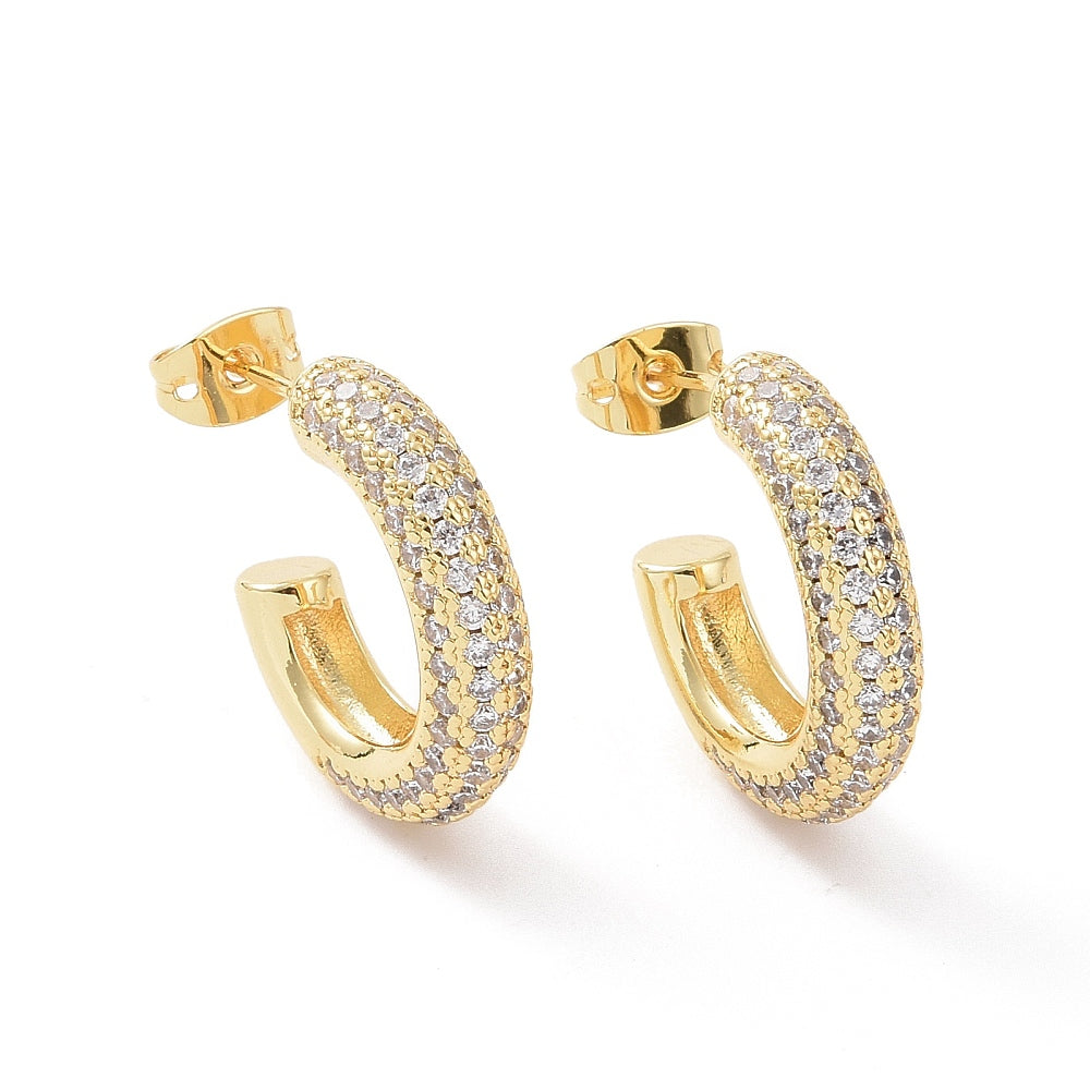 golden pave set clear stone stud hoop earring with post and friction backs over white background. 