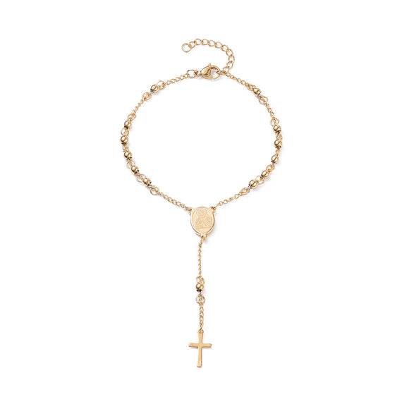 golden rosary bead chain bracelet with an oval Virgin Mary medal, cross, lobster claw clasp and extender chain on white background. 