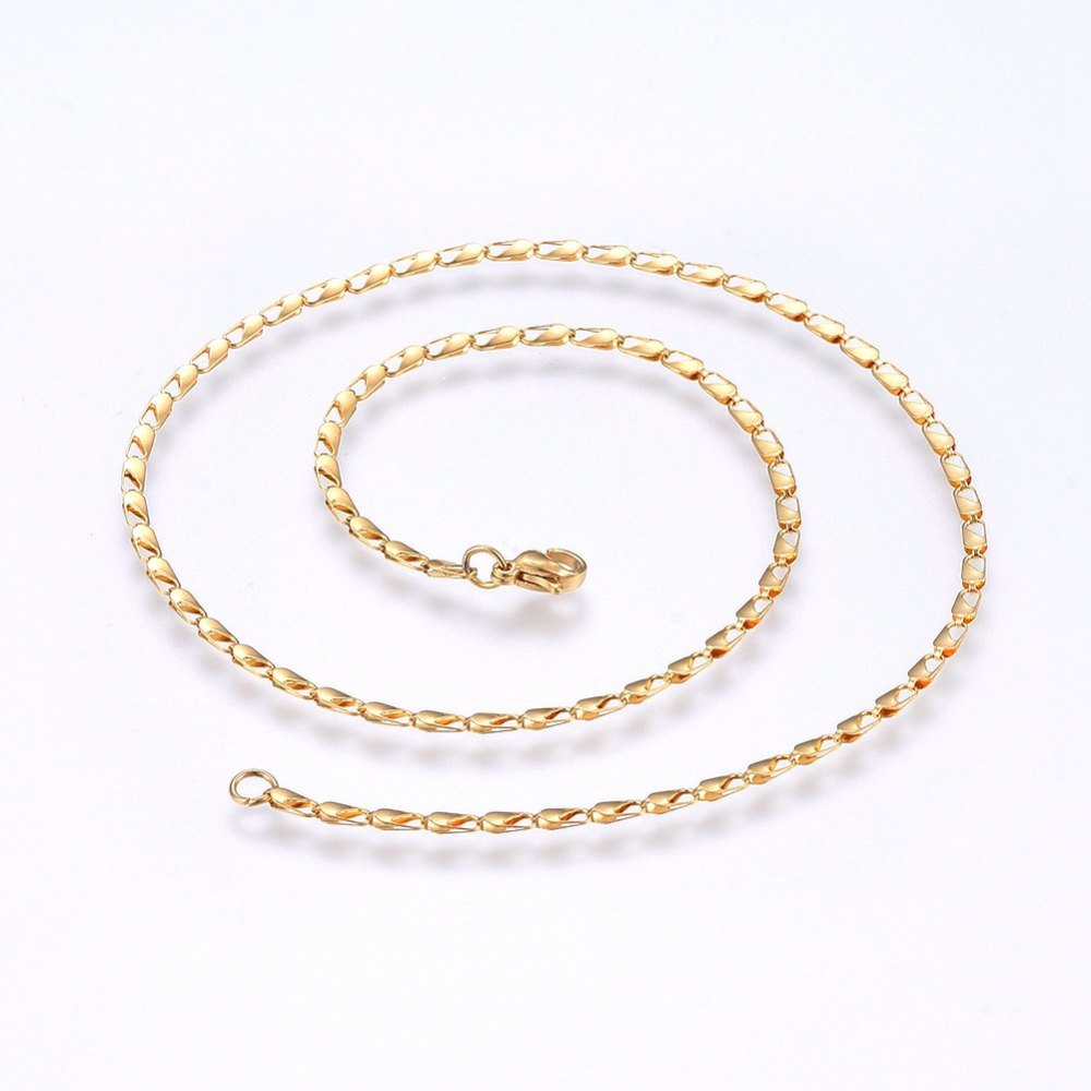 golden sheet chain necklace with lobster claw clasp on white background.