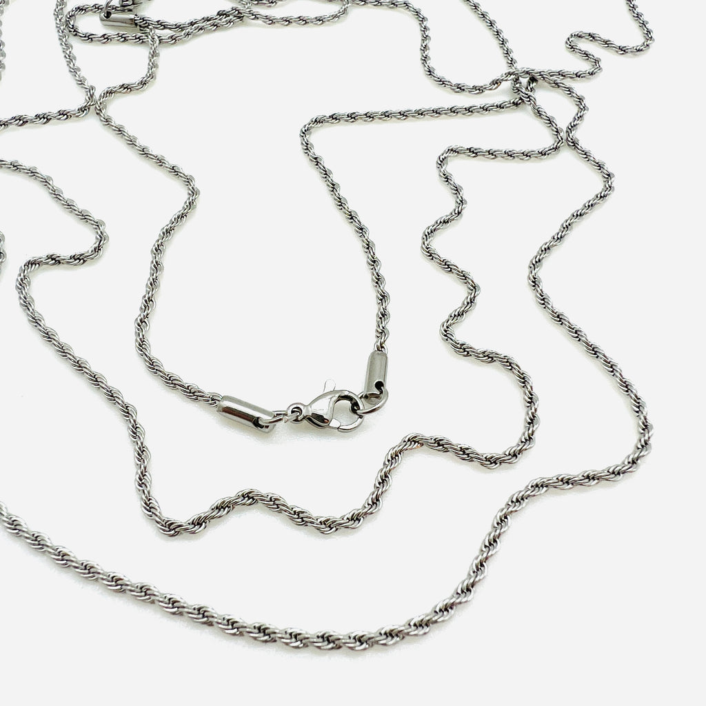 stainless steel rope chain with lobster claw clasp on white background. 