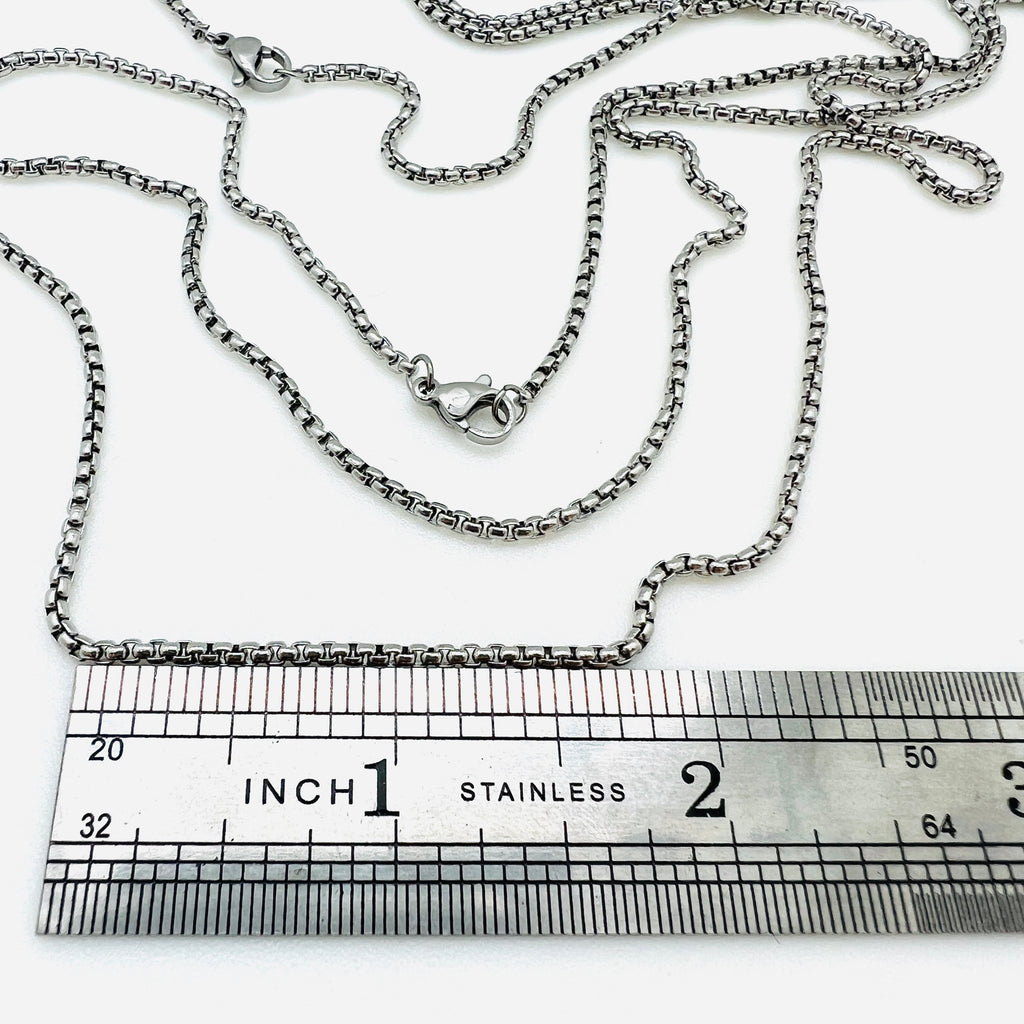 silver tone Venetian box chain necklaces with lobster claw clasp displayed above a metal ruler on white background.