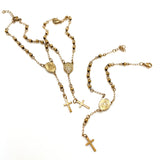 three golden rosary bracelets displaying both the back and front views of the oval medals on a white background. 