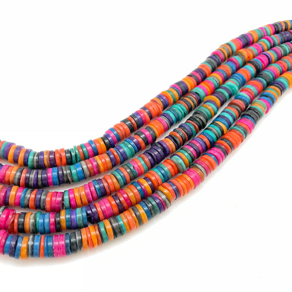 Colorful dyed shell heishi disc beads on a strand 