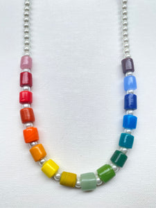 A photo of a necklave made with 16 of our glass tube beads. Necklace is made of white glass  6mm faux pearls i