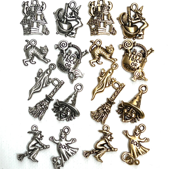 pewter charms in silver and gold finishes. Each set includes a haunted house, witch with cauldron, cat, trick or treat basket, ghost, broom, witch face, witch on a broom, and a ghost with the word 