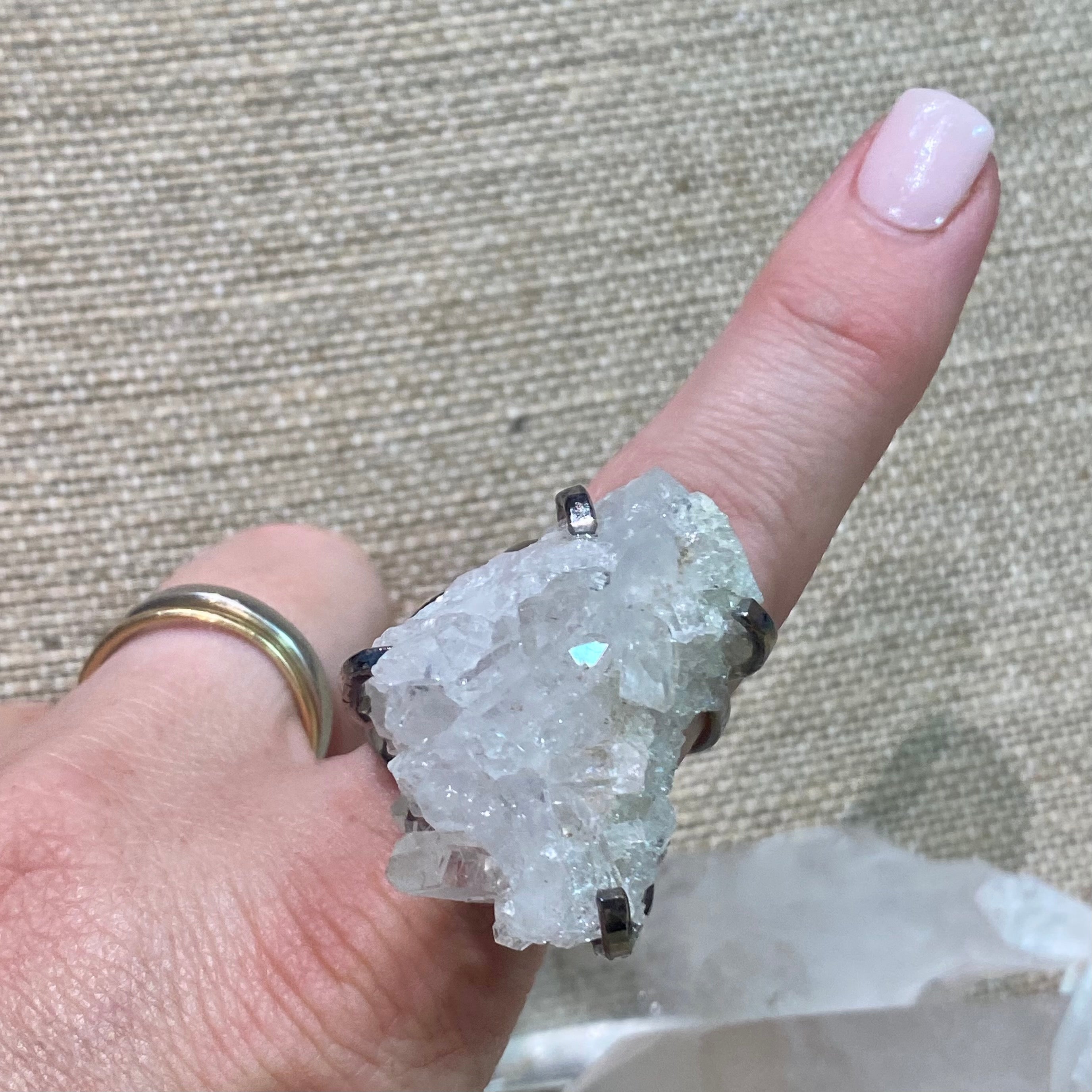 clear quartz point cluster ring with adjustable band