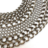 stainless steel chains in a variety of sizes on a white background