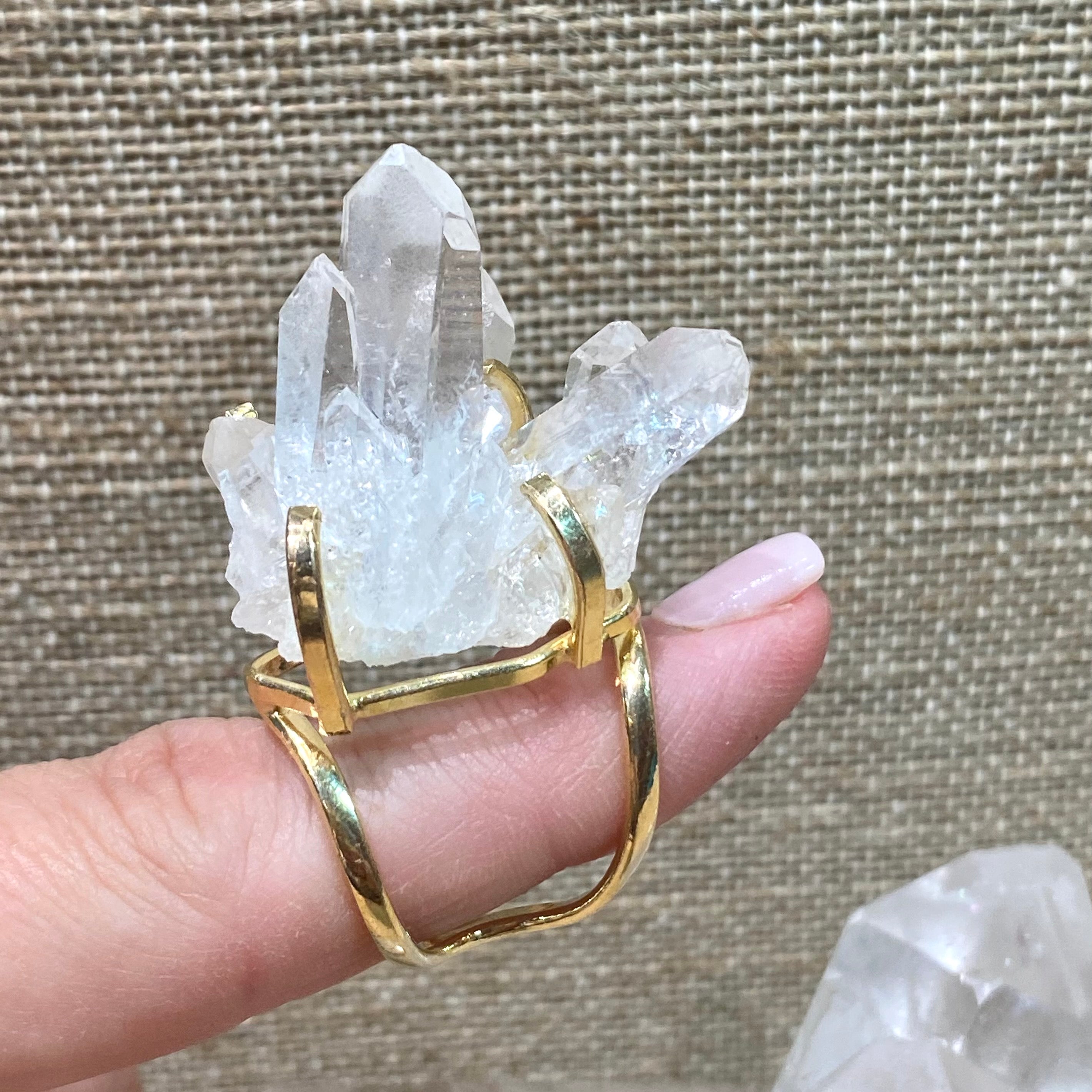 clear quartz point cluster ring with adjustable band