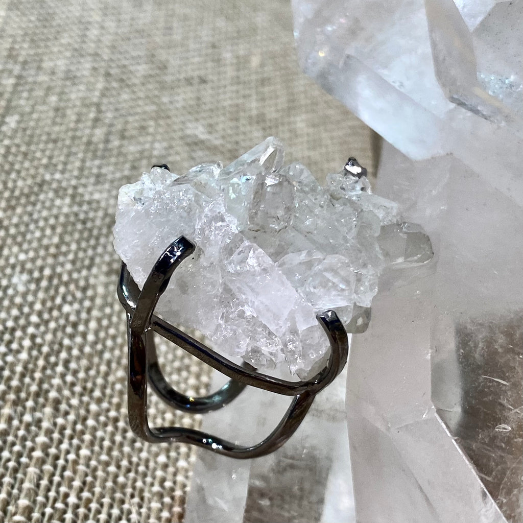 clear quartz point cluster ring with adjustable band