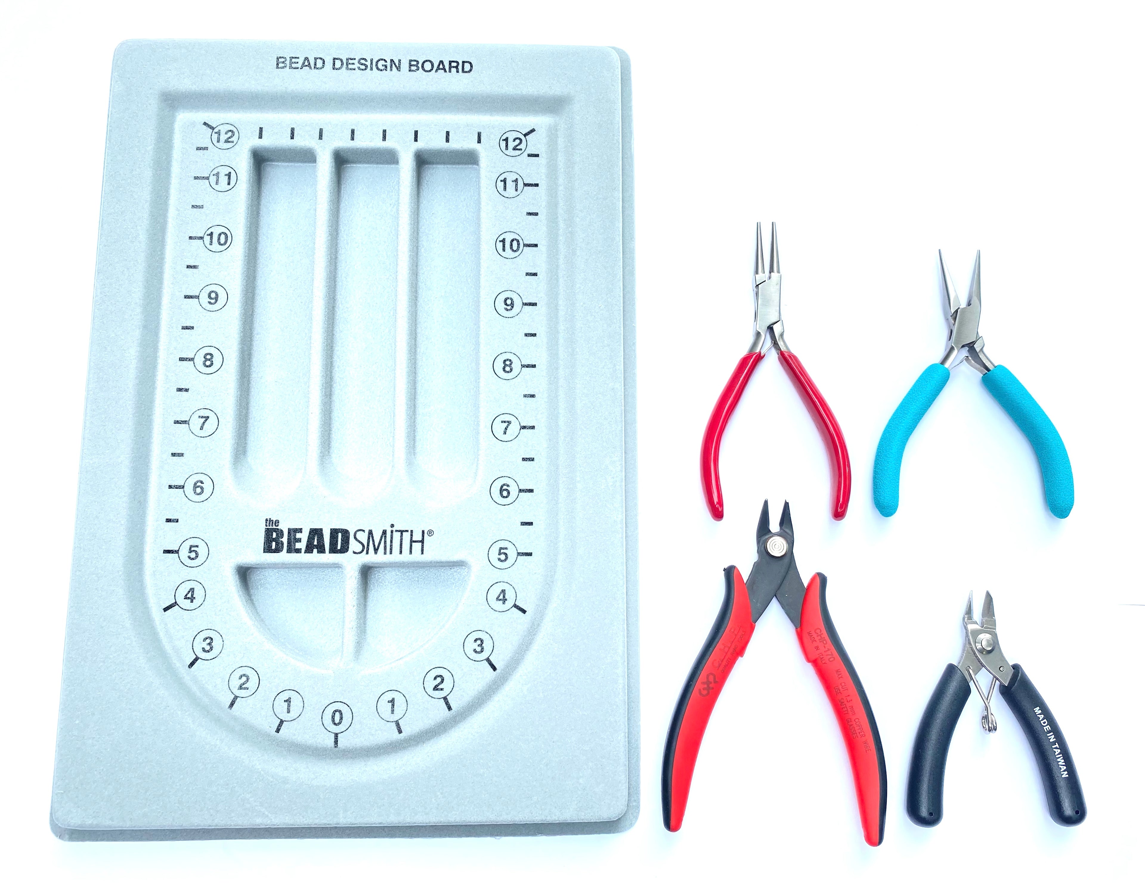 Our basic tool kit. Includes a high quality Gray flocked bead board, round nose pliers, flat nose pliers, fine cutter, and a heavy cutter.