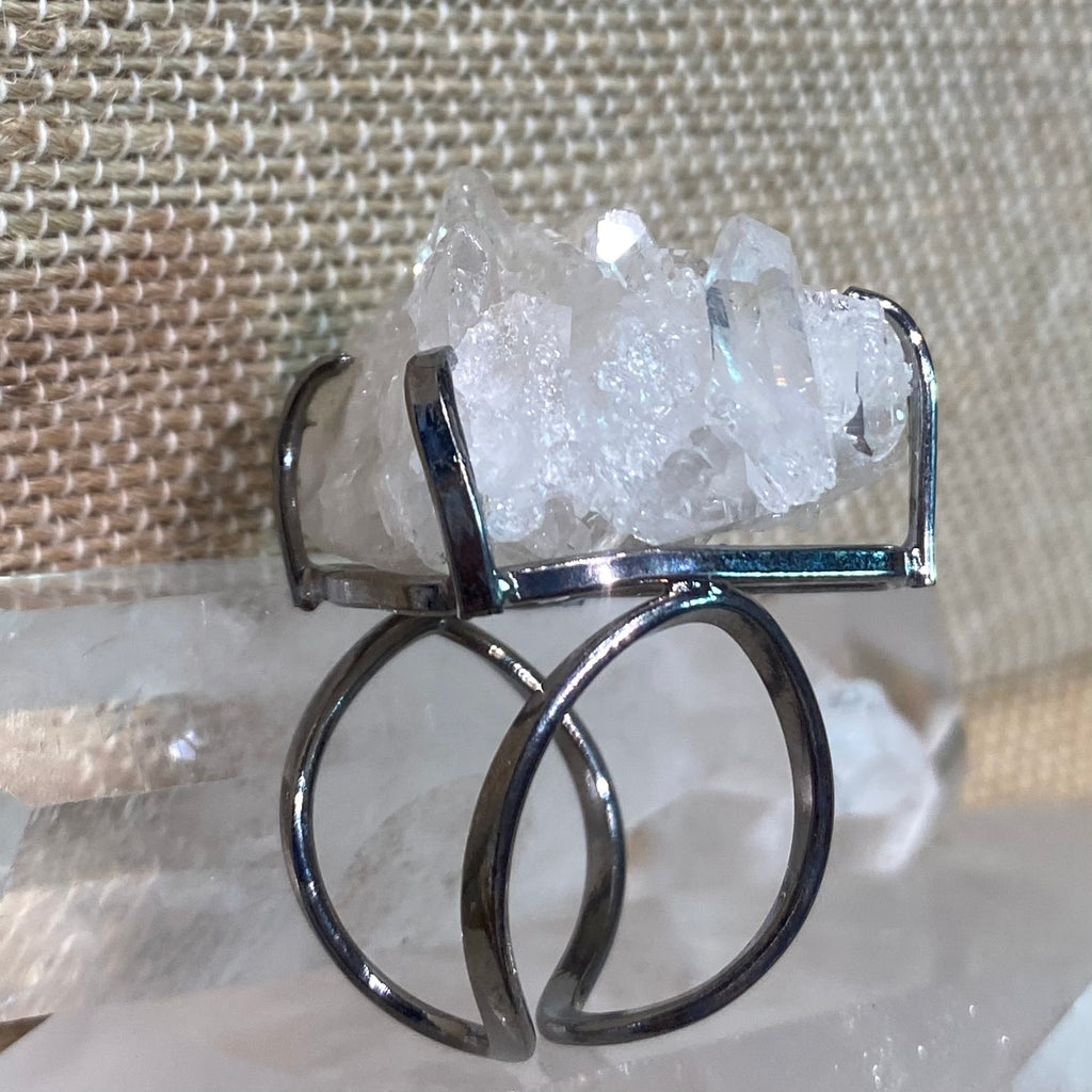clear quartz point cluster ring with adjustable band