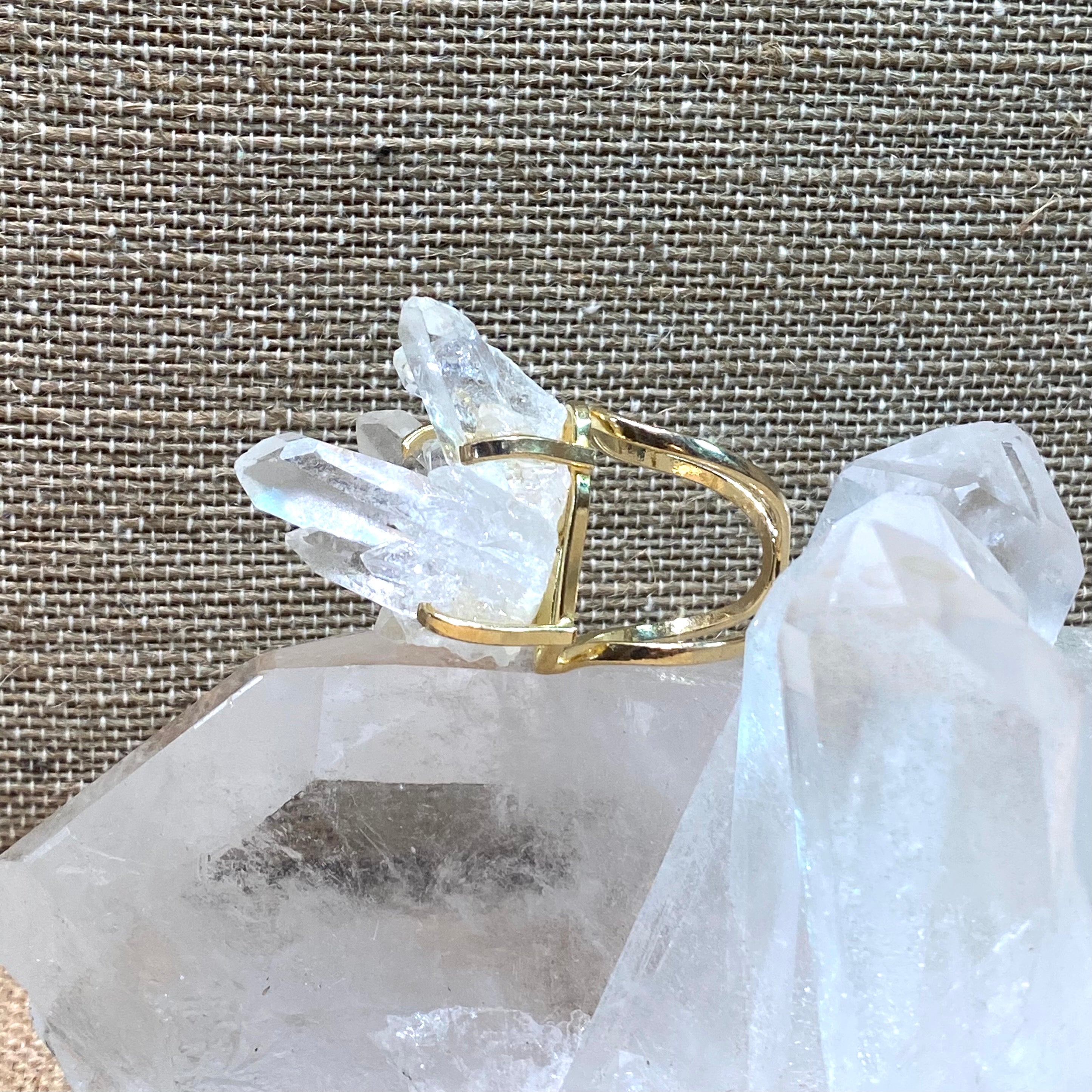 clear quartz point cluster ring with adjustable band